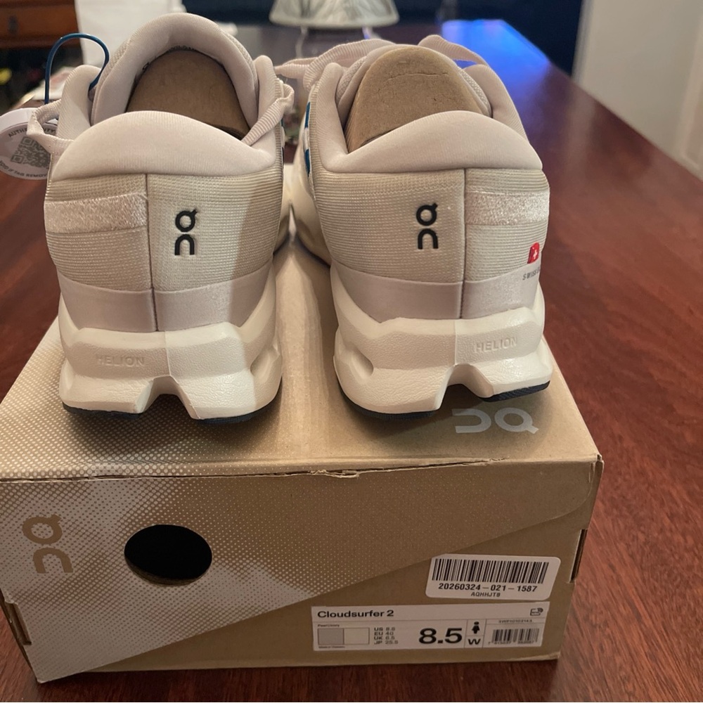 On Cloudsurfer Women's Sneakers in Pearl with Blue Accents - Picture 5 of 10